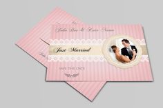 two pink wedding cards with the same photo on them, one has a bride and groom in