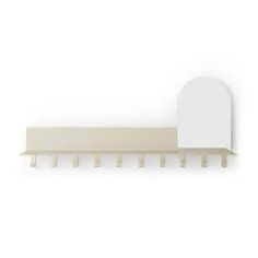 a white wall mounted shelf with a mirror above it