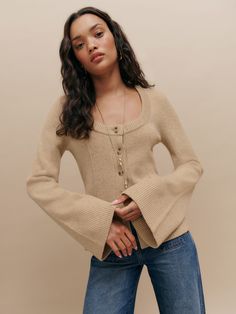 Layer up. Shop the Karina Regenerative Wool Scoop Neck Cardigan from Reformation, a scoop neck cardigan with a button front and flared sleeves. Work Wear Outfits, Crew Neck Cardigan, Linen Cardigan, Fall Winter Wardrobe, Vintage Inspired Dresses, Bodycon Fashion, A Button, Knitwear Cardigan, Knitting Women