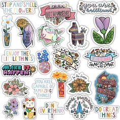 various stickers with flowers and words on them