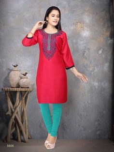 Red Embroidered Cotton Silk Kurti - Ria Fashions Red Tunic Kurta With Resham Embroidery, Red Churidar For Navratri, Red Long Sleeve Churidar For Navratri, Red Churidar With Resham Embroidery And Long Sleeves, Red Semi-stitched Straight Kurta, Red Embroidered Cotton Churidar, Red Unstitched Long Sleeve Kurta, Unstitched Long-sleeved Red Kurta, Red Long Sleeve Self Design Salwar Kameez