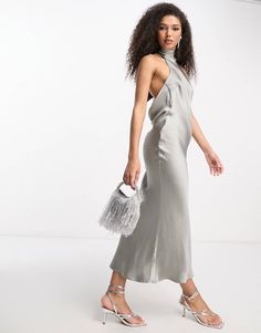 Pretty Lavish high neck satin midaxi dress in slate gray | ASOS Chic High Neck Satin Maxi Dress, Chic High-neck Satin Maxi Dress, Elegant Gray Dress For Date Night, Chic Silver Midi Dress For Spring, Chic Gray Midi Dress For Formal Occasions, Chic Silver Maxi Dress, Chic Gray Formal Midi Dress, Chic Gray Maxi Dress For Party, Elegant Silver Midi Dress For Wedding