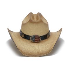 The AMERICAN SPIRIT hat is the perfect way to show patriotism. Made of durable genuine panama straw and featuring a genuine leather band with a hand-painted eagle and American flag, it includes an American flag buckle with large star studs and a 4 inch brim. This distinctive hat is sure to stand out in the Stampede Collection. Spirit Medium, American Spirit, Star Studs, Leather Band, Panama, Cowboy Hats, American Flag, 4 Inch, Straw