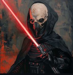 a painting of a person with a light saber in their hand and a skull on his face