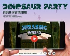 someone is holding up their phone to take a photo with the dinosaur party logo on it