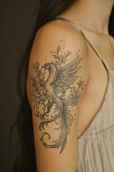 a woman's arm with a bird and flowers tattoo design on the left shoulder