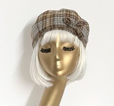 "Beret Hat brown grey vintage plaid wool, 1/2 wool band, with a thin abstract bow, lined in rayon print, the top of the hat is made up of 6 section crown, wool bias 1\" fitted band and has 1\" soft elastic band inside. One size fits most up to a 22\"  Dry clean only Made in USA" Beret Hat Bow, Packable Hat, Knit Beret, French Beret, Hat Beret, Wool Berets, Black Chevron, Beret Hat, Chevron Stripe