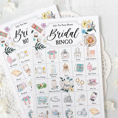 the bridal bingo game is displayed on a table