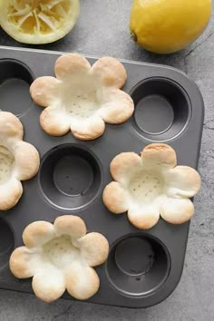 lemons and other fruit are sitting on a tray with muffin tins in it