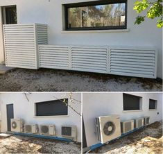 two pictures of different air conditioners on the side of a white building with black windows