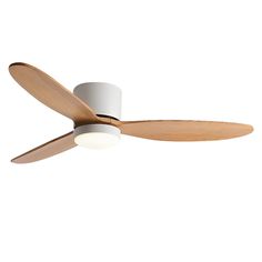 a white ceiling fan with two wooden blades and a light on the top of it