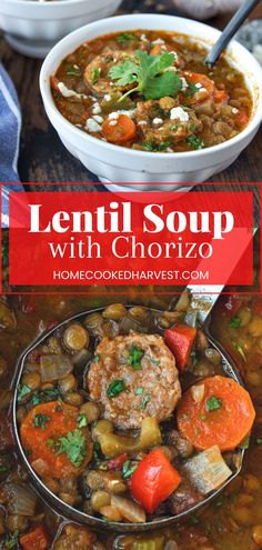 lentil soup with chorizo in a white bowl