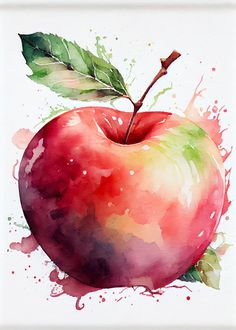 watercolor painting of an apple with green leaves