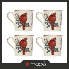 four mugs with red birds on them are shown in three different sizes and colors