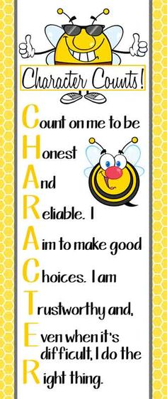 a poster with the words character counts and a cartoon bee on it's face