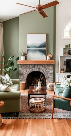 a living room filled with furniture and a fire place in the middle of a wooden floor