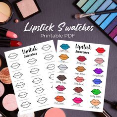 Create the ultimate lipstick color palette with this lipstick color guide and keep track of your favorites lipstick writing their name and brand above the swatches. Includes: 1 PDF (U.S. LETTER SIZE) with 1x Blank Lipstick swatches for you to organize your favorites lipsticks and write down their names 1x Already color lipstick swatches page for reference. Tip: Frame your printable for excellent results in your vanity makeup room! INSTANT DOWNLOAD (no physical item will be sent) DIRECTIONS: 1. Purchase this listing. 2. Once payment is confirmed, download the file through Etsy. 3. Save the file to your computer and print Because this is an instant download, once this file is purchased, no changes or refunds can be offered. Once purchased, you may print unlimited copies. You can print from y Lipstick Writing, Lipstick Color Palette, Vanity Makeup Room, Printable Makeup, Makeup Printables, Vanity Makeup Rooms, Lipstick Names, Hair Print, Color Lipstick