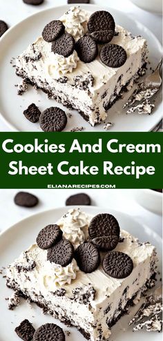 cookies and cream sheet cake recipe on a plate with oreo cookies in the middle