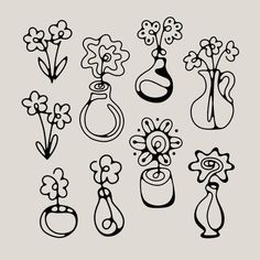 a bunch of flowers in vases drawn with black ink on a gray background illustration