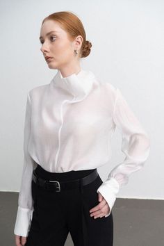 Harper Straight Long Sleeved Silk Organza Shirt - MEAN BLVD Organza Shirt, Mean Blvd, Mesh Laundry Bags, Silk Organza, Flat Head, Sophisticated Design, Cuff Sleeves, Timeless Style, Silk Fabric