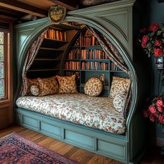 a room with a couch and bookshelf in it