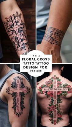 four different tattoos on the back of men's arms and chest, with words written in