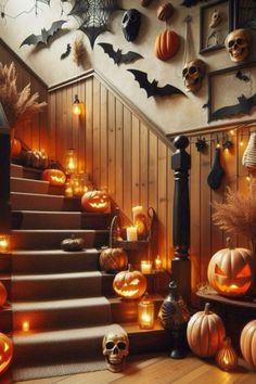 a staircase decorated with pumpkins, candles and decorations for the halloween season is seen in this image