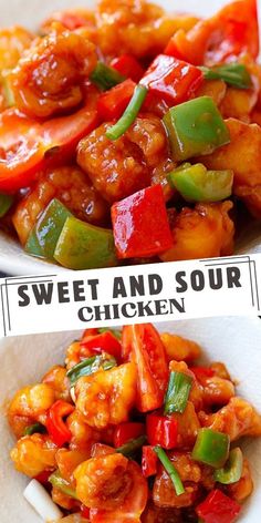 two pictures with different types of food in them and the words sweet and sour chicken