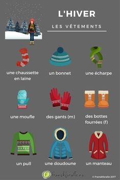 a poster with different types of winter clothes and words in french on the bottom right hand corner