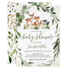 the woodland baby shower is shown with an image of two deers and leaves on it