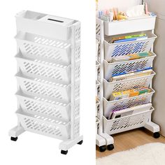 a white plastic storage rack next to a white shelf with bins on wheels in a room