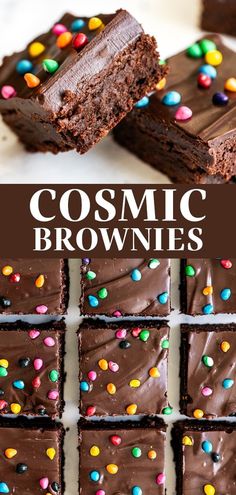 chocolate brownies with sprinkles on top and the words cosmic brownies above them