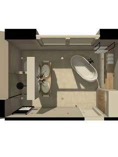 an overhead view of a bathroom and living room