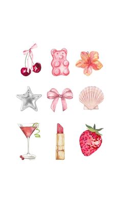 various items are arranged in the shape of hearts, teddy bear, strawberry, and starfish