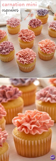 cupcakes with pink frosting and icing on top are shown in three different pictures