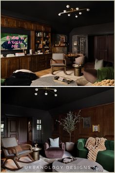 two pictures of the same living room and dining room, one is in dark wood