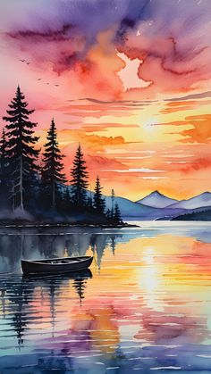 a painting of a boat in the water at sunset with mountains and trees behind it