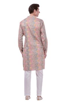 Pink straight kurta with multi colored kalamkari floral Mughal prints. Comes with solid pyjama. - Aza Fashions Designer Kalamkari Print Kurta For Diwali, Festive Multicolor Lawn Suit With Bandhani Print, Fitted Multicolor Kurta With Kalamkari Print, Fitted Multicolor Kalamkari Print Kurta, Multicolor Straight Kurta For Eid, Multicolor Straight Kurta For All Seasons, Multicolor Straight Kurta For Transitional Season, Festive Multicolor Kalamkari Print Kurta, Eid Multicolor Straight Kurta