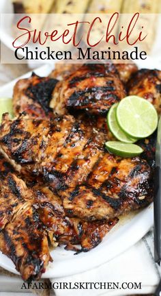 grilled chicken marinade on a plate with lime wedges