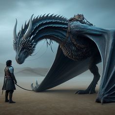 a woman standing next to a giant blue dragon on top of a sandy beach in front of a cloudy sky