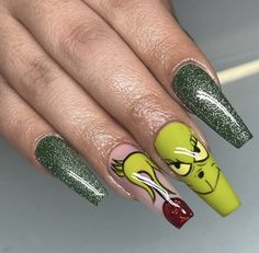 Christmas Nails Grinch Art Designs, Christmas Nail Grinch, Simple Grinch Nails, The Grinch Nail Art, Grinch And Max Nails, Grinch Tutorial Nails, Grinch Nails, Mr Grinch, Tip Nails