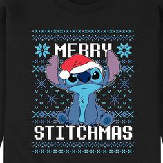 a black sweatshirt with an image of stitchy in a santa hat