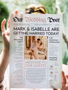 a person holding up a newspaper with an image of a bride and groom on it