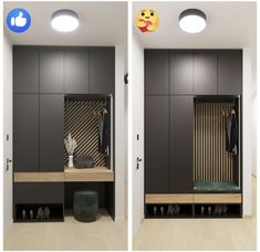 two pictures of the inside of a room with an open door and some shoes in it