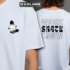 Rep your ghostly skate crew in this hauntingly cool graphic tee! The front features an original print of a rad ghost shredding ramps on its skateboard. The back boldly displays "Ghost Skate Crew" in a stylized, hypebeast-approved font. This high-quality tee comes in 11 wicked colorways and sizes S-5XL so you can rock your supernatural skate style. It's constructed from a soft and durable cotton/poly blend designed for long-lasting comfort and graphic vibrancy wash after wash. Perfect for Hallowe Cheap Skateboarding T-shirt With Graphic Design, Graffiti Print T-shirt For Halloween Streetwear, Hip Hop Halloween T-shirt For Streetwear, Hip Hop Crew Neck Top For Skateboarding, White Graffiti Print Tops For Halloween, Hip Hop Tops With Letter Print For Skateboarding, White Screen Print Tops For Skateboarding, Graphic Tee T-shirt With Graffiti Print For Skateboarding, Casual T-shirt With Graphic Print For Snowboarding