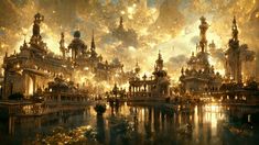 an artistic painting of a city with lots of buildings and lights in the sky above water