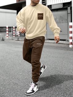 Multicolor Casual Collar Long Sleeve  Letter  Embellished Slight Stretch Spring/Fall Men Clothing Teenager Outfits Boys, Outfit Homme, Boy Styles, Brown Joggers, Teen Boy Outfits, Dropped Shoulder Sweatshirt, Hoodie And Sweatpants, Sweatpants Set, Round Neck Sweatshirts