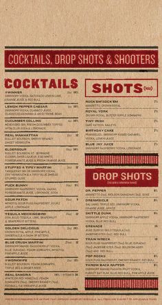 the menu for cocktails, shots and shooters