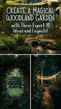 an image of a garden with lights in the trees and plants on the ground, along with text that says create a magic woodland garden with these expert 10 ideas