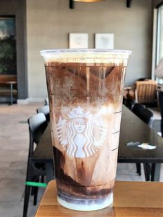 a starbucks drink sitting on top of a wooden table